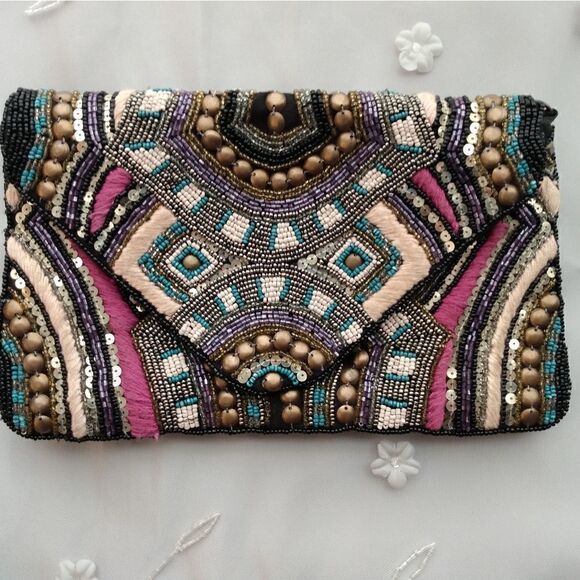 EUC Multicolored Handmade India Glass Beaded Boho Cotton & Leather Snap Clutch - Picture 2 of 13